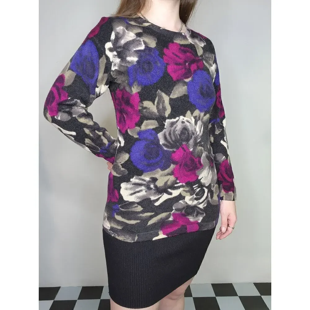 80s Vintage Lambswool Colorful Pink Blue Floral Fuzzy Long Sleeve Sweater Sz M - Picture 5 of 8